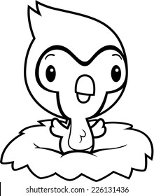 A cartoon illustration of a baby bluejay in a nest.