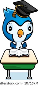 A cartoon illustration of a baby bluejay student sitting at a classroom desk.