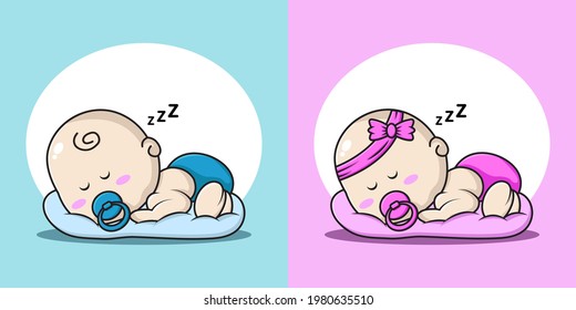 cartoon illustration of a baby boy and girl sleeping on a pillow