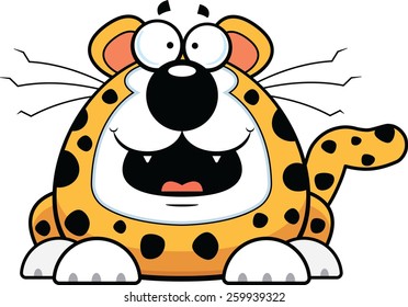 Cartoon illustration of a baby cheetah with an open mouth smile. 