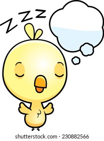 A cartoon illustration of a baby chick dreaming.