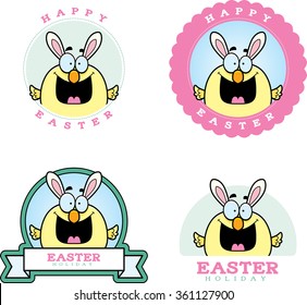 A cartoon illustration of a baby chick dressed as the Easter Bunny in an Easter themed graphic.