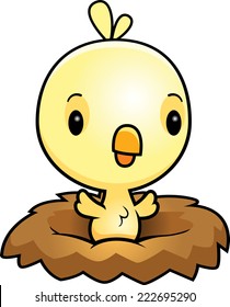 A cartoon illustration of a baby chick in a nest.