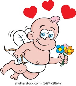 Cartoon illustration of baby cupid with a bow and holding flowers and surrounded by hearts.