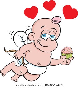 Cartoon illustration of baby cupid holding a bow and cupcake surrounded by hearts.