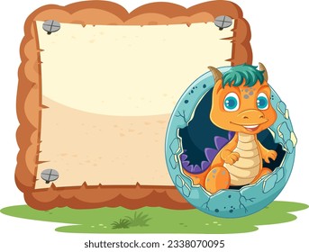 A cartoon illustration of a baby dragon hatching eggs in a natural environment