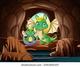 A cartoon illustration of a baby dragon hatching from an egg in a cave