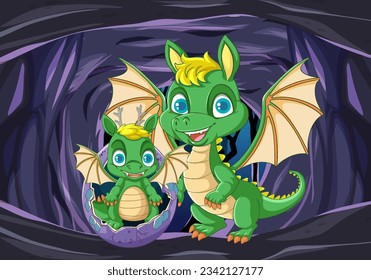 A cartoon illustration of a baby dragon hatching from an egg in a cave background
