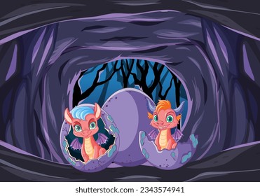 A cartoon illustration of a baby dragon hatching from an egg in a cave