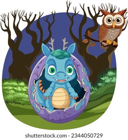 A cartoon illustration of a baby dragon hatching eggs in a night scene set in nature