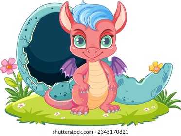 A cartoon illustration of a baby dragon hatching eggs in a natural background