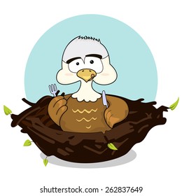 A cartoon illustration of a baby eagle in a nest