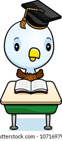 A cartoon illustration of a baby eagle student sitting at a classroom desk.