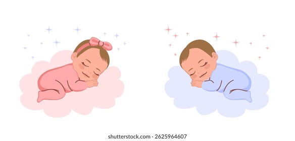 Cartoon illustration of a baby girl and boy peacefully sleeping on a cloud with pink and blue accents. Vector drawing for gender reveal, newborn themes and bedtime designs