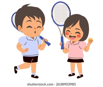 Cartoon illustration of a baby girl and boy in sportswear holding tennis equipment. Concept for active lifestyle and children sports