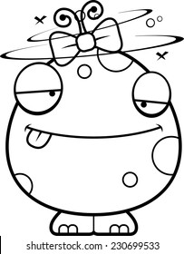 A cartoon illustration of a baby girl monster looking drunk.