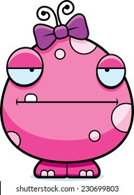 A cartoon illustration of a baby girl monster looking bored.