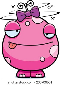 A cartoon illustration of a baby girl monster looking drunk.