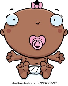 A cartoon illustration of a baby girl with a pacifier.