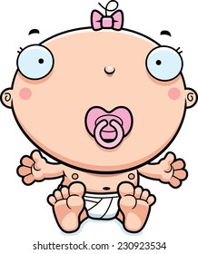 A cartoon illustration of a baby girl with a pacifier.