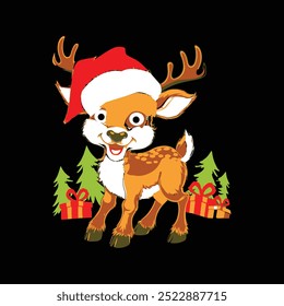 A cartoon illustration of a baby reindeer wearing a Santa Cruz hat. 

