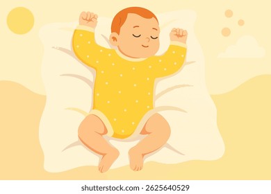 Cartoon illustration of a baby sleeping soundly on a white pillow in a yellow polka-dot onesie, expressing warmth, innocence, and peaceful rest in a cozy setting.