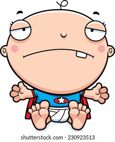 A cartoon illustration of a baby superhero looking sad.