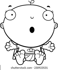 A cartoon illustration of a baby superhero looking surprised.