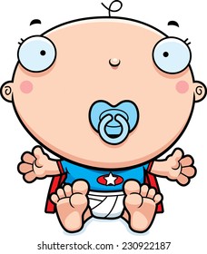 A cartoon illustration of a baby superhero with a pacifier.