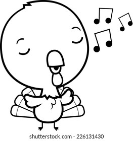 A cartoon illustration of a baby turkey singing.