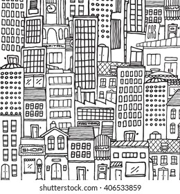 Cartoon illustration background of busy city texture for adult coloring
