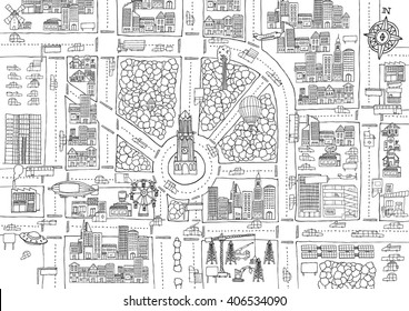 Cartoon illustration background of busy city texture for adult coloring