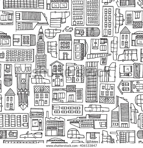 Cartoon illustration background of cars and\
buildings texture for adult\
coloring