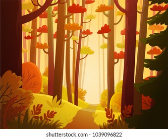 Cartoon illustration background of colorful forest in autumn