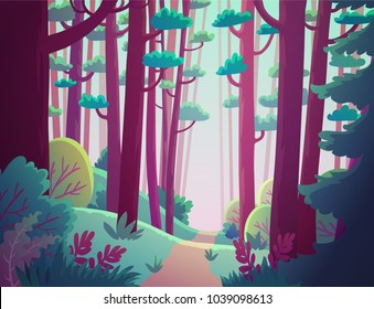 Cartoon illustration background of fantasy forest with pink trees