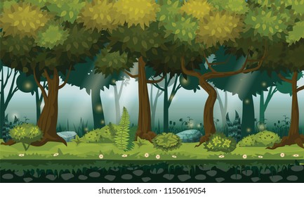 Cartoon illustration of background forest. Bright forest woods, silhouttes, trees with bushes, ferns and flowers. For design game, apps, websites. Vector, cadroon style, isolated