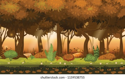 Cartoon illustration of background forest. Bright forest woods, silhouttes, trees with bushes, ferns and flowers. For design game, apps, websites. Vector, cadroon style, isolated