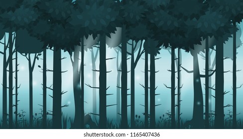 Cartoon illustration of background forest. Bright forest woods, silhouttes, trees with bushes, ferns and flowers. For design game, apps, websites. Vector, cadroon style, isolated