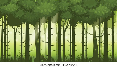 Cartoon illustration of background forest. Bright forest woods, silhouttes, trees with bushes, ferns and flowers. For design game, apps, websites. Vector, cadroon style, isolated