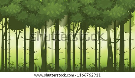 Cartoon illustration of background forest. Bright forest woods, silhouttes, trees with bushes, ferns and flowers. For design game, apps, websites. Vector, cadroon style, isolated
