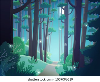 Cartoon Illustration Background Of Forest At Night With Fireflies