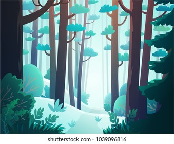 Cartoon illustration background of freezing forest in winter