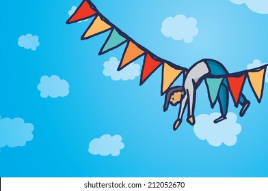 Cartoon illustration background of man hanging up over colorful party pennants