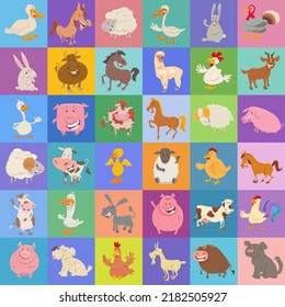 Ilustración de dibujos animados de fondo o diseño de patrones o papel decorativo con graciosos personajes de animales de granja