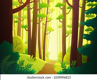 Fundo de ilustração dos desenhos animados da floresta verde ensolarada na primavera