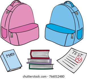 Cartoon Illustration of backpacks and school books