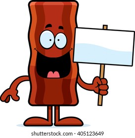 A cartoon illustration of a bacon strip holding a sign.