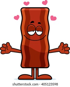 A cartoon illustration of a bacon strip ready to give a hug.