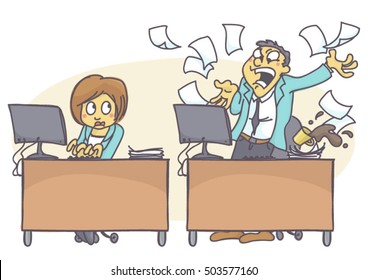 Cartoon Illustration Of Bad Coworker Situation At Work. Woman Working Hard, Professional And Effective While Male Colleague Is Shouting Angry At Computer. Poor Coping With Stress At Work.
