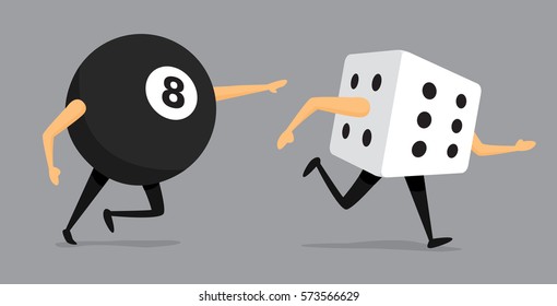 Cartoon illustration of bad luck eight ball chasing dice